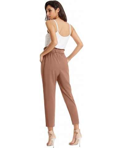 Women's Paper Bag Waist Pants Slim Fit Casual Office Pencil Pants Apricot $13.42 Activewear