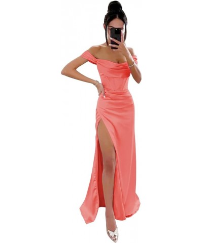 Women's Satin Prom Dress with Slit Off The Shoulder Mermaid Corset Evening Formal Party Gowns Coral $32.99 Dresses