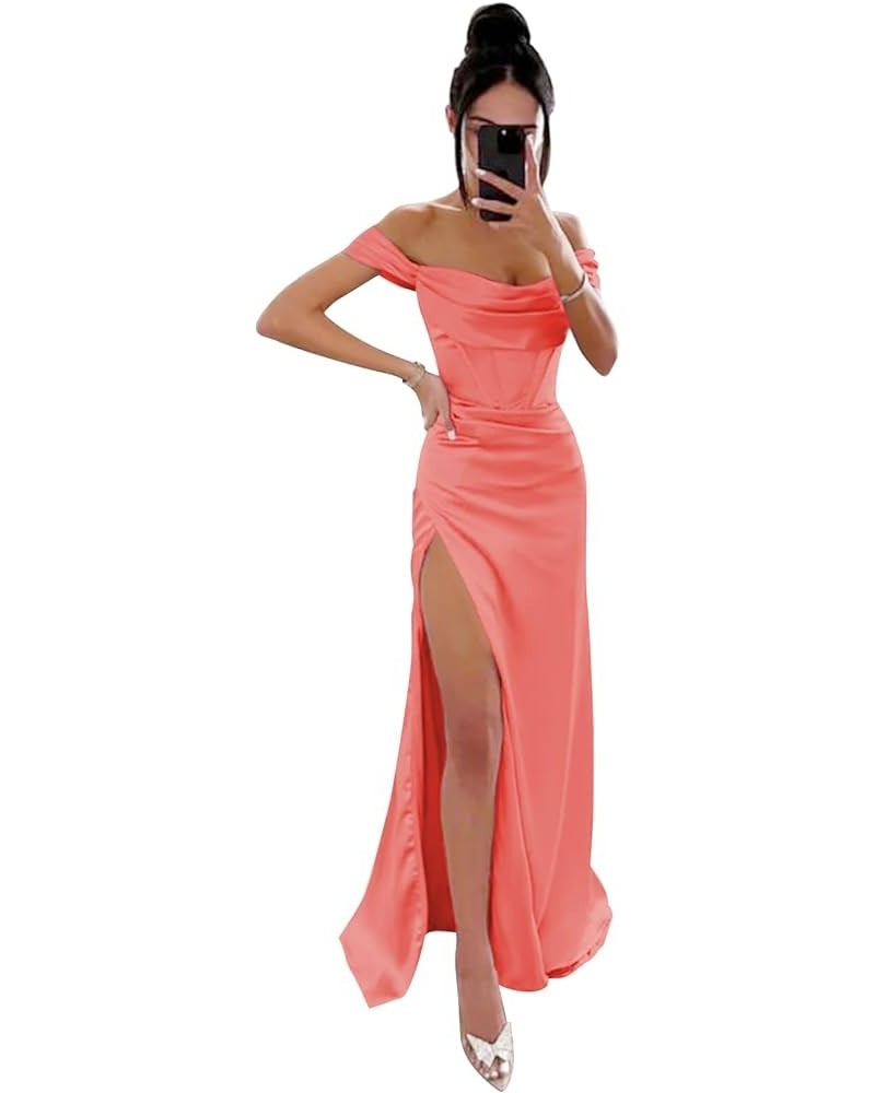 Women's Satin Prom Dress with Slit Off The Shoulder Mermaid Corset Evening Formal Party Gowns Coral $32.99 Dresses