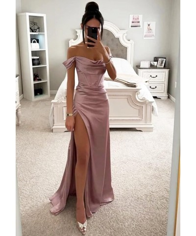 Women's Satin Prom Dress with Slit Off The Shoulder Mermaid Corset Evening Formal Party Gowns Coral $32.99 Dresses