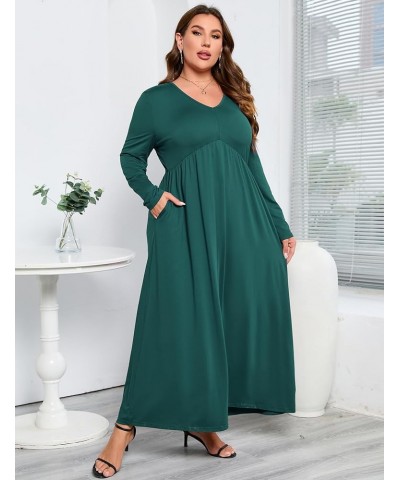 Womens Plus Size Casual Pockets Dress Long Sleeve V Neck Loose Swing Ruffle A Line Maxi Flutter Dresses Dark Green $11.14 Dre...