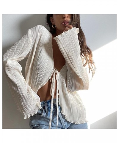 Women Sheer Mesh Crop Tops Flare Sleeve Button Up Blouse See Through Cardigan Shirts Y2k Beach Wear V-white $10.39 Swimsuits