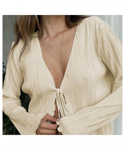 Women Sheer Mesh Crop Tops Flare Sleeve Button Up Blouse See Through Cardigan Shirts Y2k Beach Wear V-white $10.39 Swimsuits