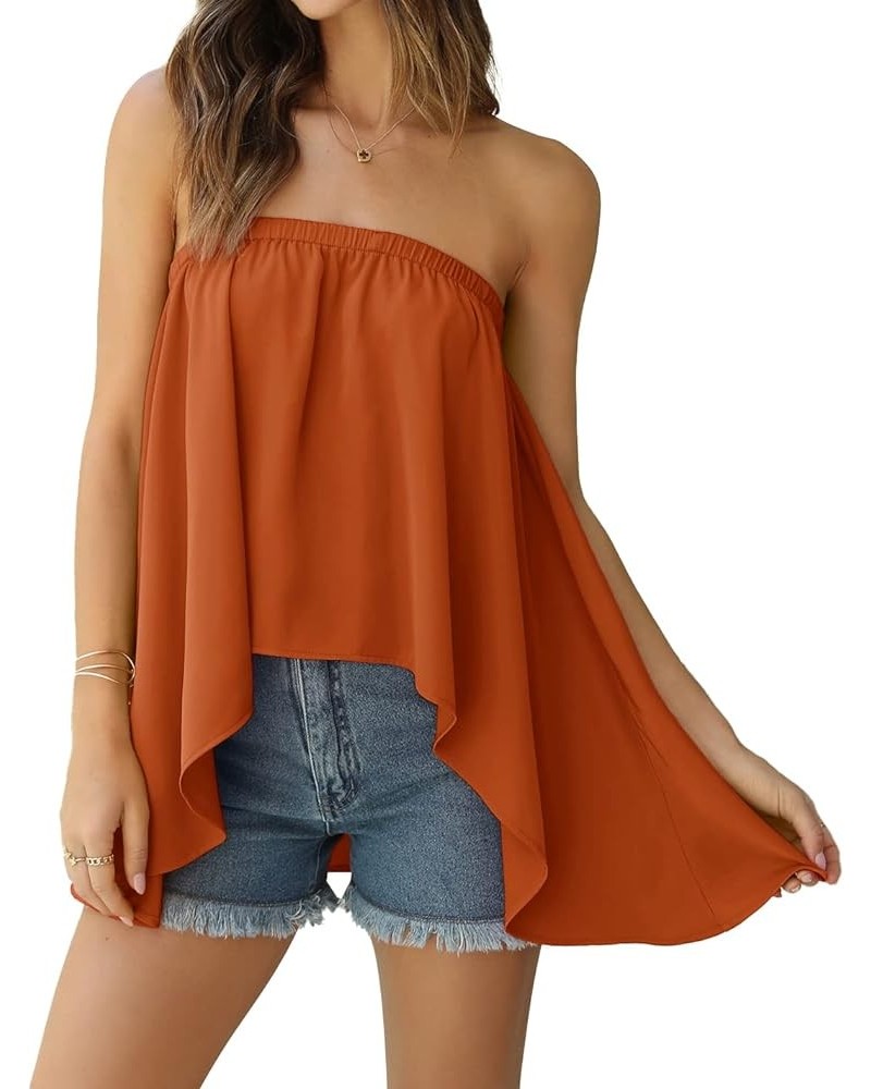 Women Summer Casual Strapless Tube Tops 2024 Sexy Backless High Low Tanks Shirts Flowy Loose Tunics Beach Blouse Solid Orange...