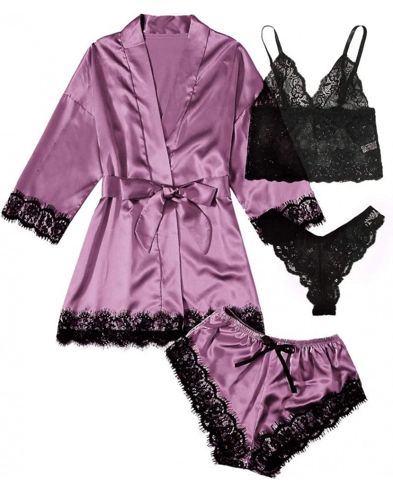 Women's Satin Pajama Set 4pcs Floral Lace Trim Cami Lingerie Sleepwear with Robe Pure Purple $15.51 Sleep & Lounge