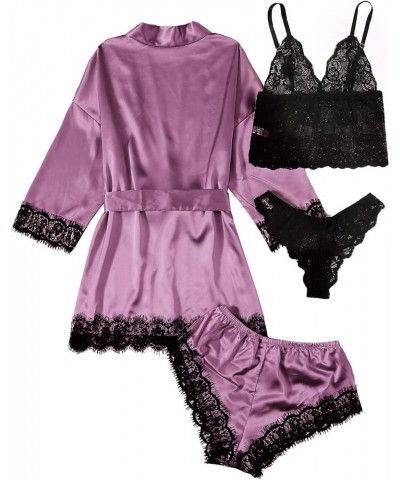 Women's Satin Pajama Set 4pcs Floral Lace Trim Cami Lingerie Sleepwear with Robe Pure Purple $15.51 Sleep & Lounge