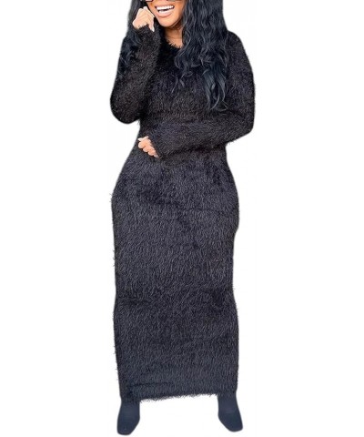 Womens Long Sleeve Fleece Sweater Dress Oversized Soft Fuzzy Round Neck Bodycon Pullover Maxi Sweater Dresses Black $18.59 Sw...