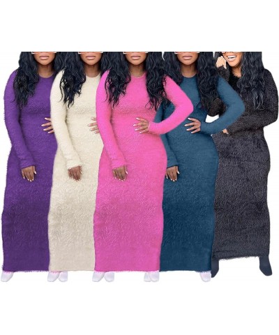 Womens Long Sleeve Fleece Sweater Dress Oversized Soft Fuzzy Round Neck Bodycon Pullover Maxi Sweater Dresses Black $18.59 Sw...