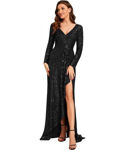 Women's Sexy Winter Sequin Long Sleeves A-Line High Low Maxi Evening Dresses 50146 Black $46.00 Dresses