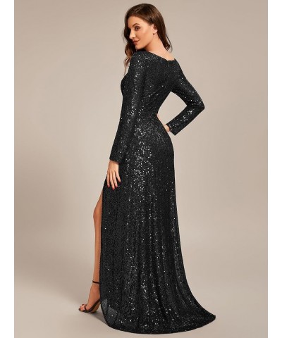 Women's Sexy Winter Sequin Long Sleeves A-Line High Low Maxi Evening Dresses 50146 Black $46.00 Dresses