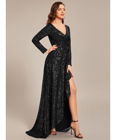 Women's Sexy Winter Sequin Long Sleeves A-Line High Low Maxi Evening Dresses 50146 Black $46.00 Dresses