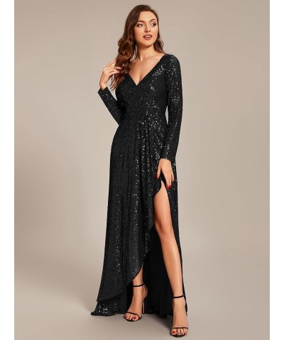 Women's Sexy Winter Sequin Long Sleeves A-Line High Low Maxi Evening Dresses 50146 Black $46.00 Dresses