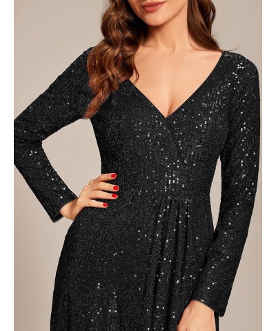 Women's Sexy Winter Sequin Long Sleeves A-Line High Low Maxi Evening Dresses 50146 Black $46.00 Dresses