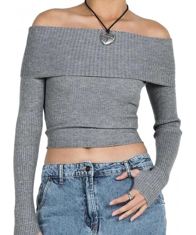 Women Off Shoulder Ribbed Sweater Long Sleeve Knitted Tube Top Pullover Y2k Fairy Grunge Jumper Top Cute Knitwear Ribbed Grey...