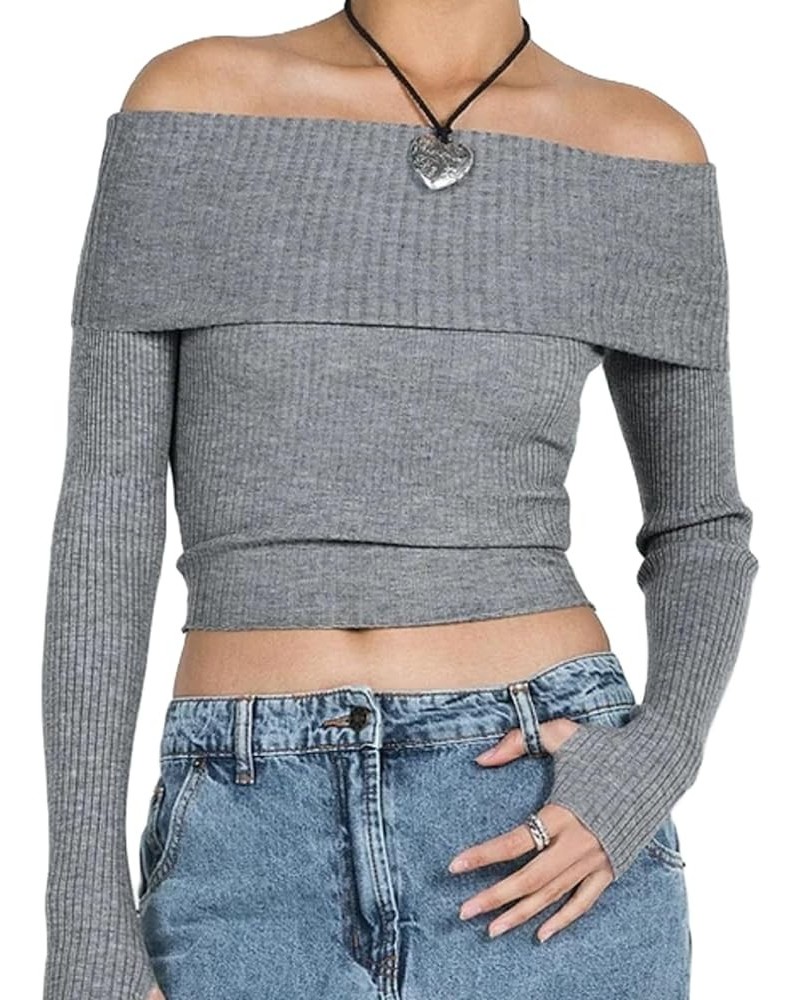 Women Off Shoulder Ribbed Sweater Long Sleeve Knitted Tube Top Pullover Y2k Fairy Grunge Jumper Top Cute Knitwear Ribbed Grey...