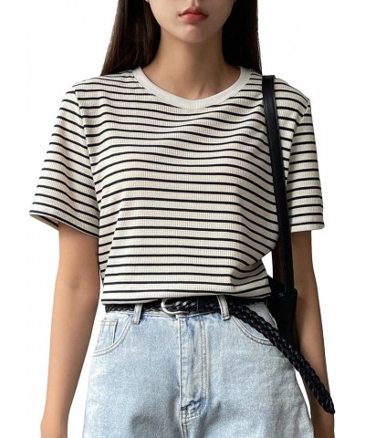 Women's Basic Mock Neck Short Sleeve Solid Rib Knit Tops Tee Shirts Black White Striped $16.23 T-Shirts