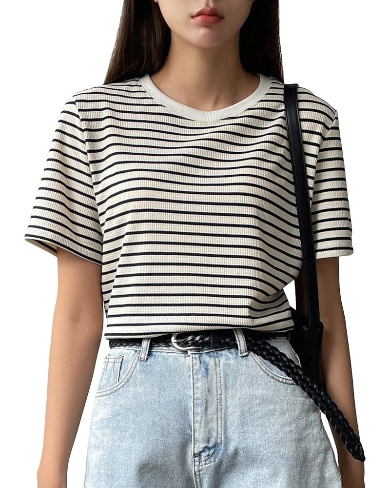 Women's Basic Mock Neck Short Sleeve Solid Rib Knit Tops Tee Shirts Black White Striped $16.23 T-Shirts