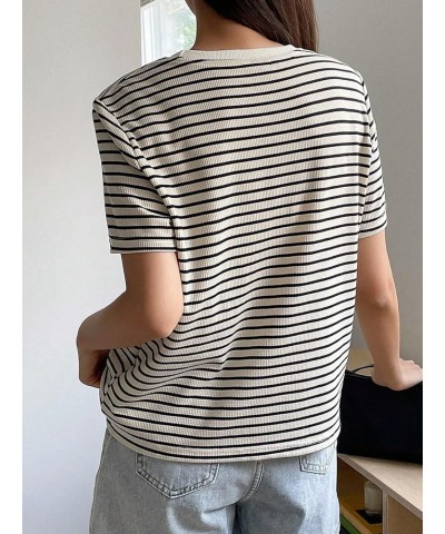 Women's Basic Mock Neck Short Sleeve Solid Rib Knit Tops Tee Shirts Black White Striped $16.23 T-Shirts