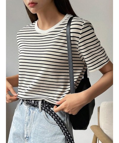 Women's Basic Mock Neck Short Sleeve Solid Rib Knit Tops Tee Shirts Black White Striped $16.23 T-Shirts