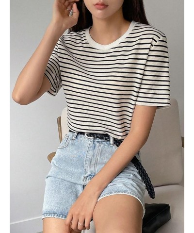 Women's Basic Mock Neck Short Sleeve Solid Rib Knit Tops Tee Shirts Black White Striped $16.23 T-Shirts