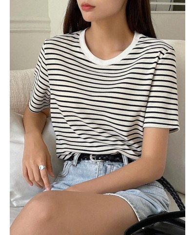 Women's Basic Mock Neck Short Sleeve Solid Rib Knit Tops Tee Shirts Black White Striped $16.23 T-Shirts