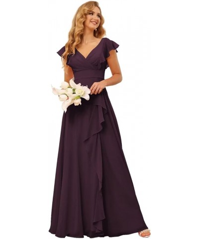 Long Chiffon Bridesmaid Dresses for Women V Neck Ruffled Split Long Formal Evening Dress CM176 Plum $24.08 Dresses