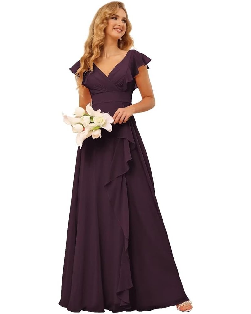 Long Chiffon Bridesmaid Dresses for Women V Neck Ruffled Split Long Formal Evening Dress CM176 Plum $24.08 Dresses