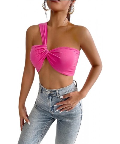 Women's Sleeveless One Shoulder Ruched Twist Front Party Clubwear Crop Tank Top Pink $12.25 Tanks