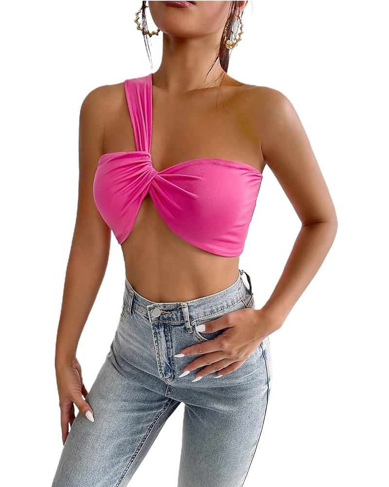 Women's Sleeveless One Shoulder Ruched Twist Front Party Clubwear Crop Tank Top Pink $12.25 Tanks