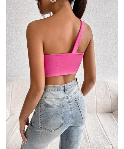 Women's Sleeveless One Shoulder Ruched Twist Front Party Clubwear Crop Tank Top Pink $12.25 Tanks