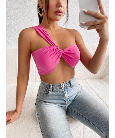 Women's Sleeveless One Shoulder Ruched Twist Front Party Clubwear Crop Tank Top Pink $12.25 Tanks