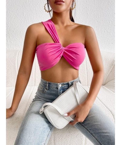 Women's Sleeveless One Shoulder Ruched Twist Front Party Clubwear Crop Tank Top Pink $12.25 Tanks