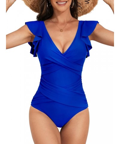 Women's One Piece Swimsuit Ruffle Slimming Tummy Control Bathing Suit Criss Cross High Waist 1 Piece Swimwear Royal Blue $17....