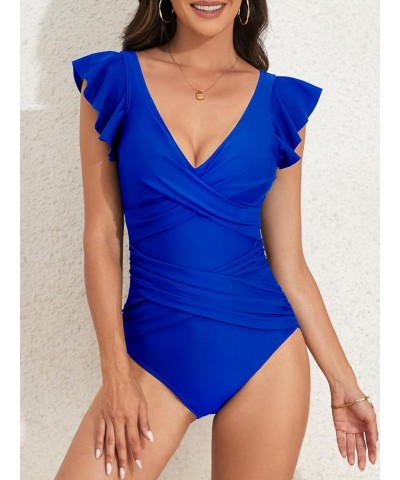 Women's One Piece Swimsuit Ruffle Slimming Tummy Control Bathing Suit Criss Cross High Waist 1 Piece Swimwear Royal Blue $17....