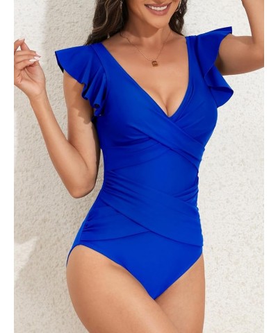 Women's One Piece Swimsuit Ruffle Slimming Tummy Control Bathing Suit Criss Cross High Waist 1 Piece Swimwear Royal Blue $17....