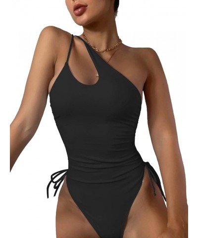 Sexy One Shoulder Tummy Control Ruched Swimsuit High Cut Brazilian Bathing Suit 1 Piece Black $11.27 Swimsuits