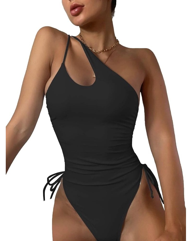 Sexy One Shoulder Tummy Control Ruched Swimsuit High Cut Brazilian Bathing Suit 1 Piece Black $11.27 Swimsuits