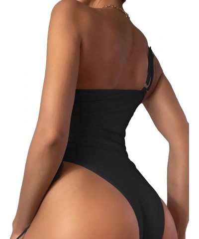 Sexy One Shoulder Tummy Control Ruched Swimsuit High Cut Brazilian Bathing Suit 1 Piece Black $11.27 Swimsuits