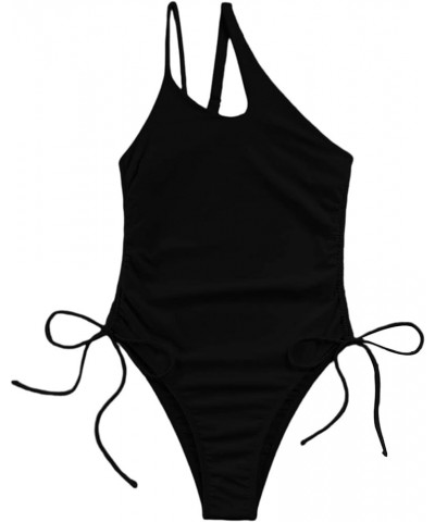 Sexy One Shoulder Tummy Control Ruched Swimsuit High Cut Brazilian Bathing Suit 1 Piece Black $11.27 Swimsuits