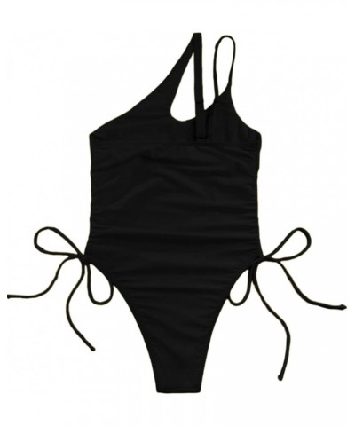 Sexy One Shoulder Tummy Control Ruched Swimsuit High Cut Brazilian Bathing Suit 1 Piece Black $11.27 Swimsuits