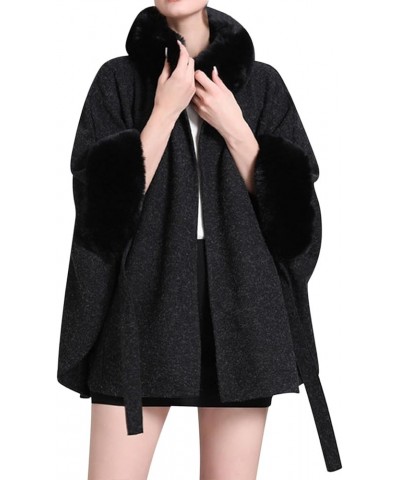 Womens Winter Poncho Cape with Faux Fur Trim & Fleece Lined Warm Plush Sherpa Fleece Cape Shawl Wearable Blanket Coat 1a-blac...