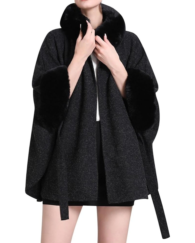 Womens Winter Poncho Cape with Faux Fur Trim & Fleece Lined Warm Plush Sherpa Fleece Cape Shawl Wearable Blanket Coat 1a-blac...