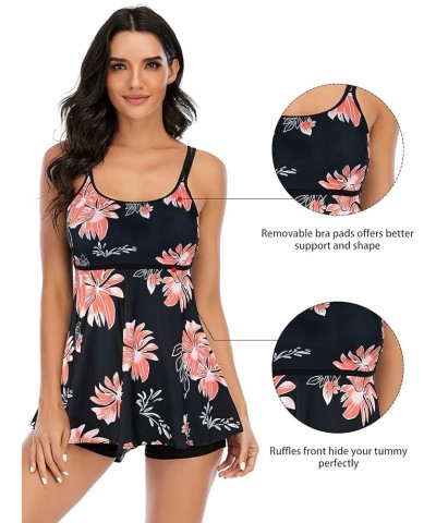 Womens Athletic Swimsuits for Women Two Piece Tankini with High Waisted Boyshorts Floral Printed Bathing Suits C3 Solid Black...