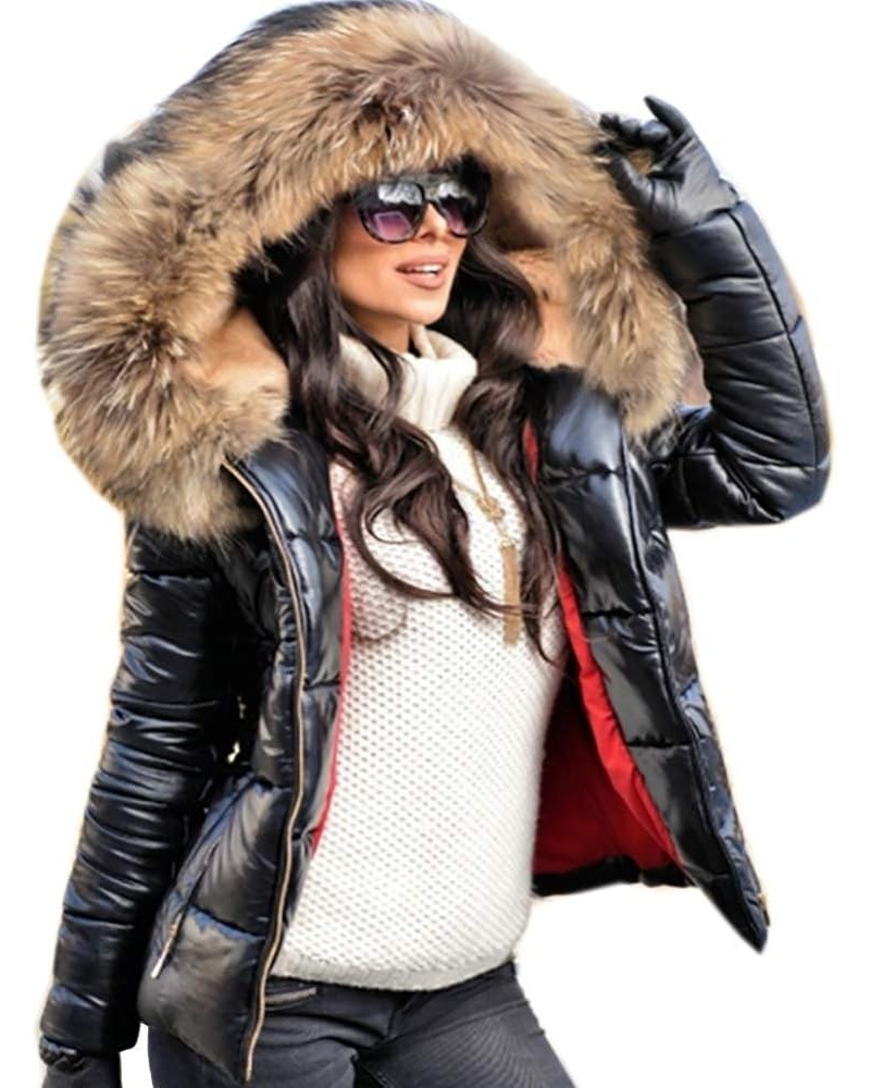 Women Winter Warm Down Jacket Thick Slim Flash Coat Down Outdoor Hood Parka Short Slim Jacket Black Black Brown Fur $40.80 Ja...