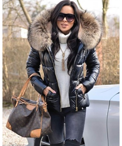 Women Winter Warm Down Jacket Thick Slim Flash Coat Down Outdoor Hood Parka Short Slim Jacket Black Black Brown Fur $40.80 Ja...