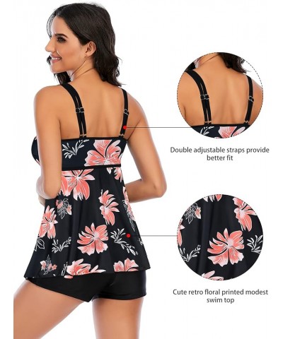 Womens Athletic Swimsuits for Women Two Piece Tankini with High Waisted Boyshorts Floral Printed Bathing Suits C3 Solid Black...