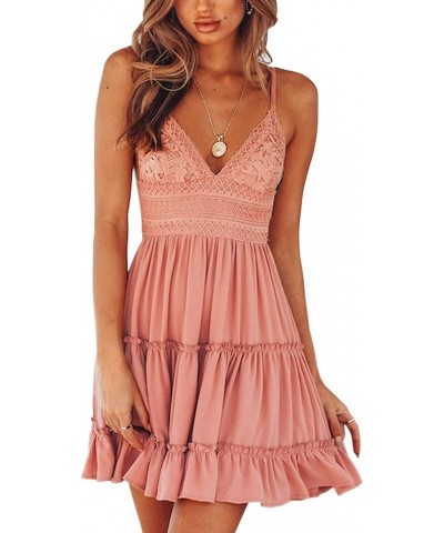 Womens V-Neck Spaghetti Strap Bowknot Backless Sleeveless Lace Mini Swing Skater Dress Rose Pink $19.94 Dresses