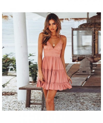 Womens V-Neck Spaghetti Strap Bowknot Backless Sleeveless Lace Mini Swing Skater Dress Rose Pink $19.94 Dresses