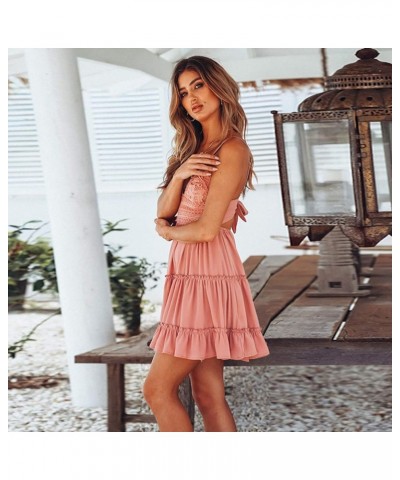 Womens V-Neck Spaghetti Strap Bowknot Backless Sleeveless Lace Mini Swing Skater Dress Rose Pink $19.94 Dresses