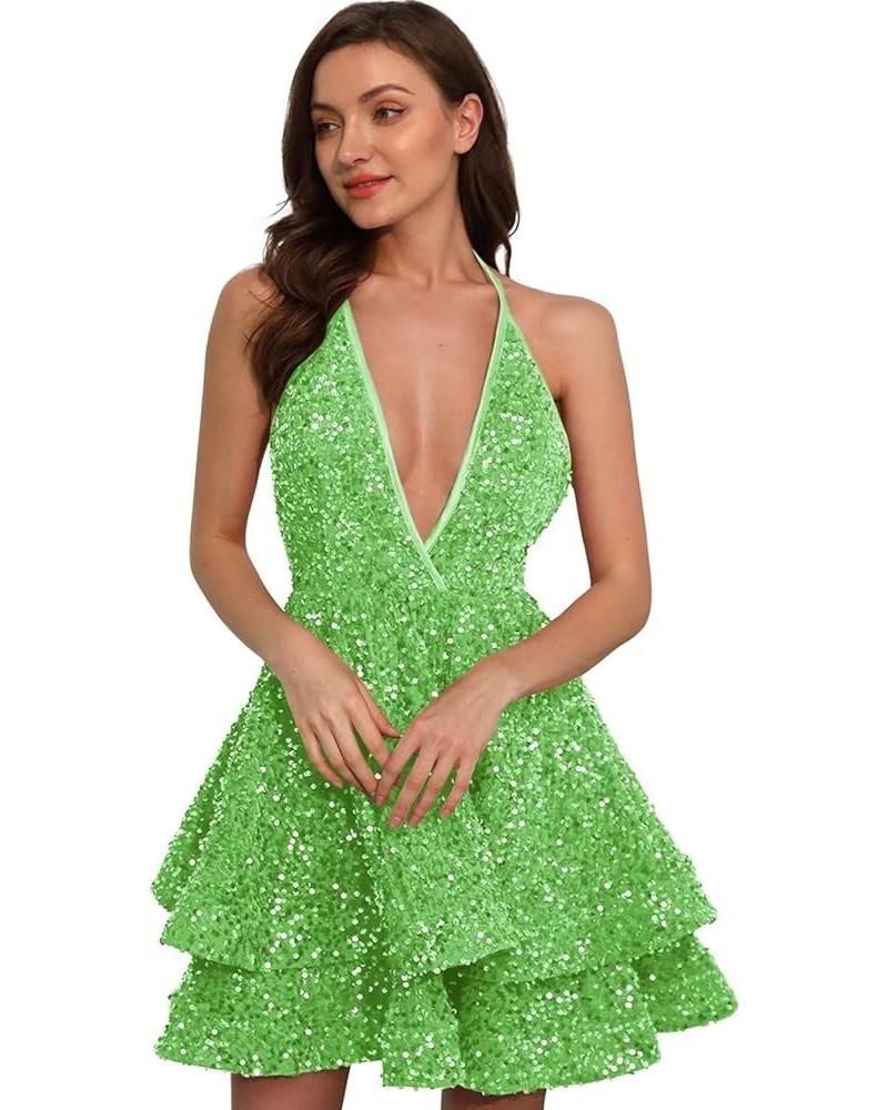 Sequin Short Prom Dresses for Women Spaghetti Strap Halter Sparkly Homecoming Dress for Teens Cocktail Evening Gown Fluoresce...